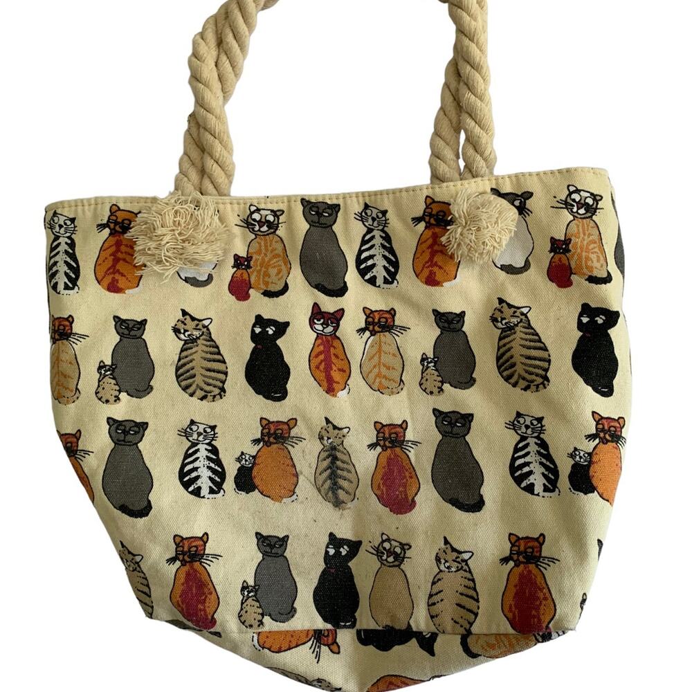 Cream Canvas Tote Bag Colorful Cartoon Cats Thick Rope Handles All-Over-Print